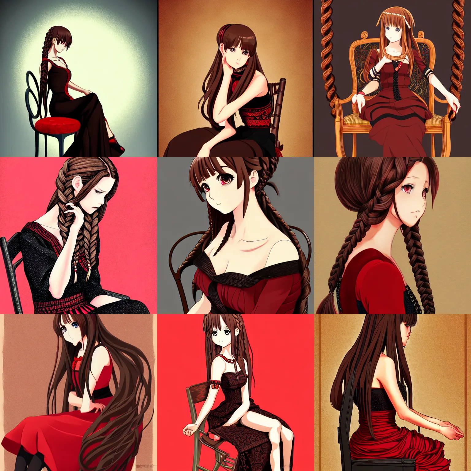 Prompt: beautiful woman with braided brown hair, wearing an elegant dress, and sitting on a chair, highly detailed, painting, red and black color palette, intricate, high quality anime artstyle