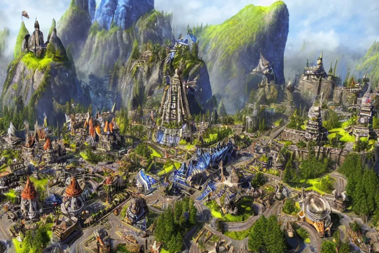 Image similar to a magnificent Warcraft-themed city. photorealism.