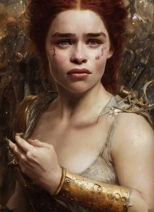 Image similar to short muscular redheaded woman wearing realistic medieval armour, young emilia clarke face paint orchids detailed by gaston bussiere, bayard wu, greg rutkowski, giger, maxim verehin, greg rutkowski, masterpiece, sharp focus, cinematic lightning