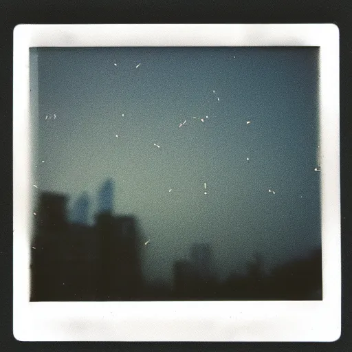 Prompt: a ring of lights flying through the sky, ufo!!, blurry photo, old polaroid, expired film, historical photo,