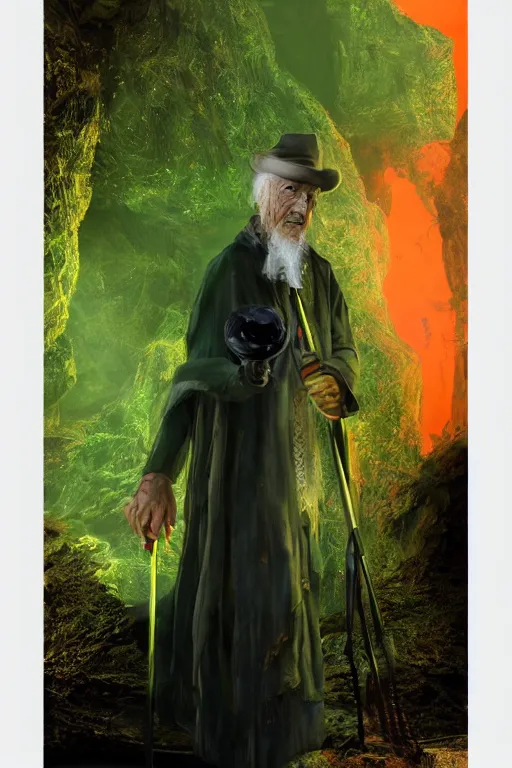 Prompt: portrait of an old man wearing layered black clothes with an elaborate walking stick that emits a soft green glow from an emerald at the top in an orange environment, Atmosphere. Realistic. Concept art. V-ray. Ultra HD. 8K. Sharp details. 50mm. f/3.5.