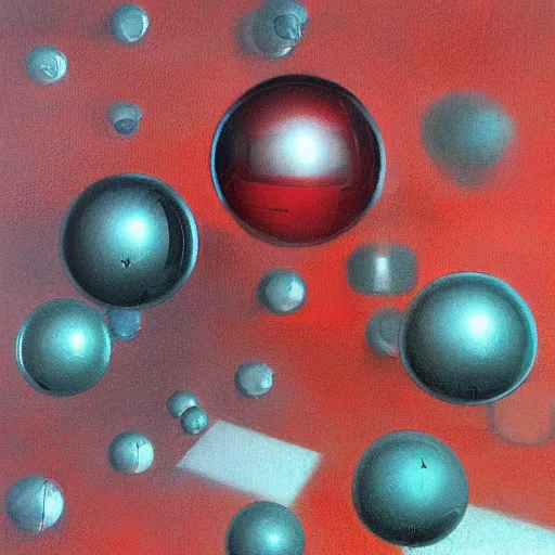 Prompt: chrome spheres on a red cube by john howe