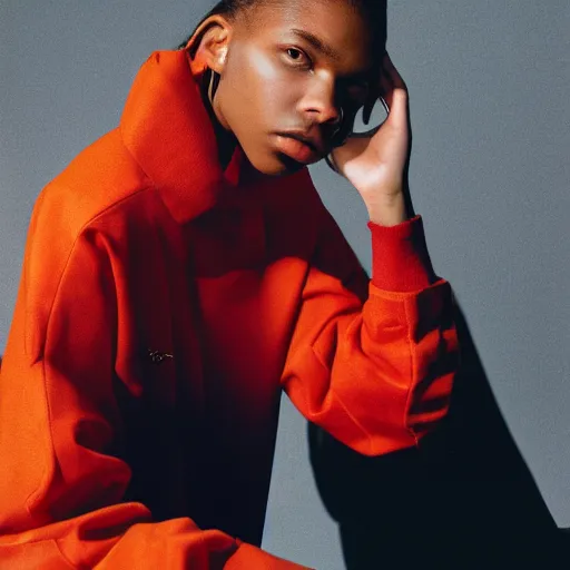 Image similar to realistic photoshooting for a new balenciaga lookbook, color film photography, portrait of a beautiful woman, model wearing a workwear jacket, by photo in style of Tyler Mitchell, 35mm,