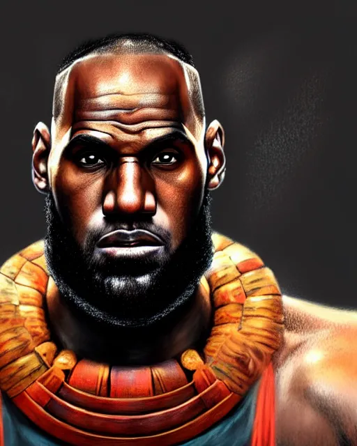 Prompt: face portrait of lebron james as a muscular ronin samurai, wearing a haori, by wlop and peter mohrbacher, dramatic action pose, extremely detailed shading, concept art, digital painting, trending on artstation, unreal engine 5, octane render, atmosphere, glow, cinematic lighting, full of color