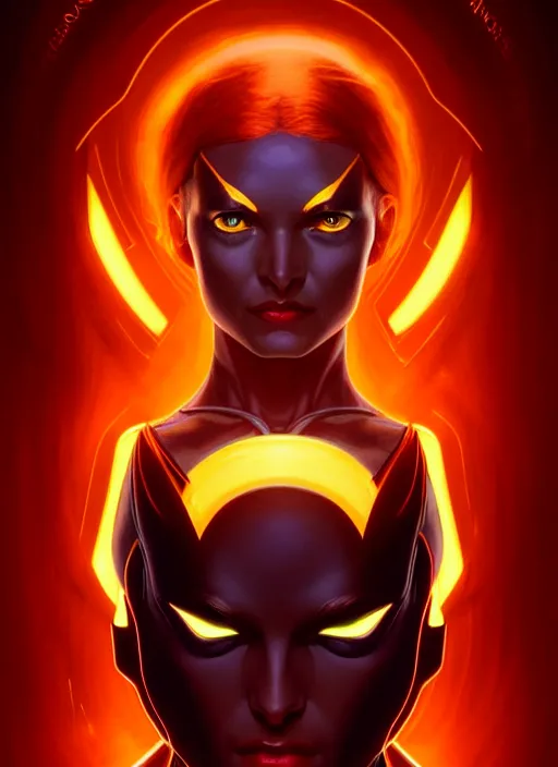 Image similar to symmetry portrait of dark phoenix, sci - fi, tech wear, glowing lights, intricate, elegant, highly detailed, digital painting, artstation, concept art, smooth, sharp focus, illustration, art by artgerm and greg rutkowski and alphonse mucha