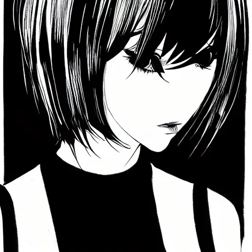 Image similar to an ink drawing of a front shot of a tech punk girl by ilya kuvshinov, black and white