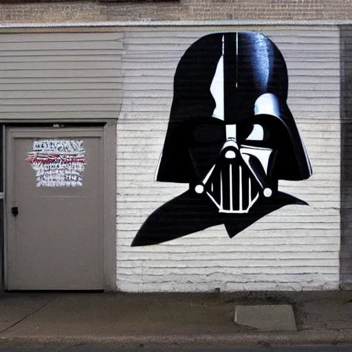 Prompt: banky street - art of darth vader kissing jar jar binks