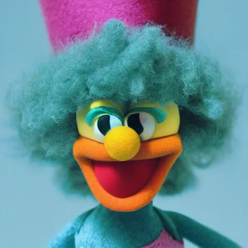 Image similar to krusty the clown as a muppet. highly detailed felt. hyper real photo. 4 k.