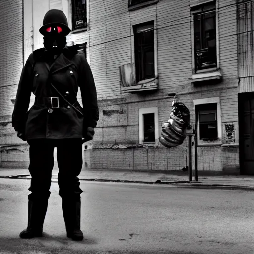 Image similar to a trenchcoat soldier wearing a gasmask and officer hat, standing on street corner, gritty, noir