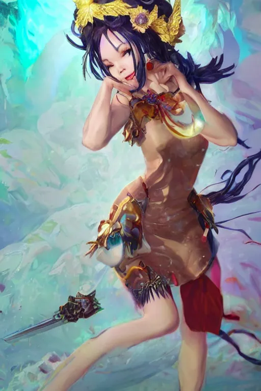 Image similar to Bjork in organge summer dress in a blade and soul spinoff artbook rendered by the artist Taran Fiddler, Joe Madureira, Nadezhda Tikhomirova, Jiyun Chae, Lê Long, trending on Artstation by Hyung Tae Kim, artbook, Stanley Artgerm Lau, WLOP, Rossdraws , James Gurney