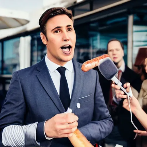 Prompt: a handsome news reporter with a symmetric face holding a frankfurter sausage in his hand, sausage as microphone, breaking news