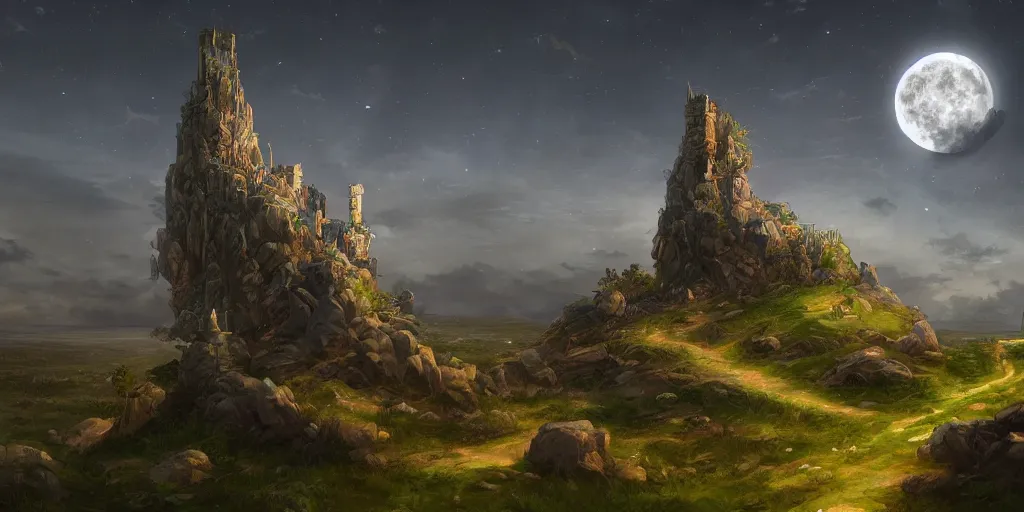 Image similar to The great intricate marble wizards tower, painted landscape, green fields in the background, moody lighting, moon in the night sky, sharp image, 4k, artstation, colorful digital art