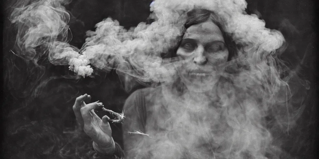 Prompt: 1 9 2 0 s spirit portrait photography of alpine forest witch with hay cloth in the dolomites, smoke from mouth, casting a root spell, inviting hand, witchy, wicca, by william hope, dark, eerie, grainy