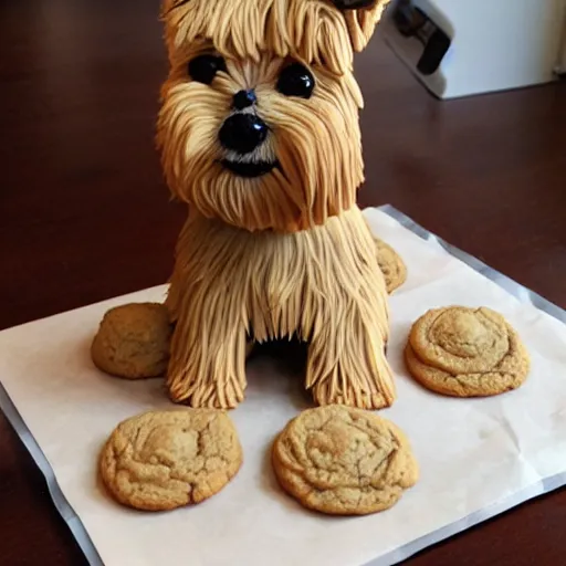 Image similar to a cute yorkshire terrier made entirely out of cookies, sitting on a bakery countertop, detailed, trending on artstation