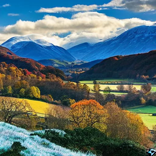 Prompt: autumnal scottish valley view with snowy mountains in the background and a deep blue sky by lisa frank and tyler edlin