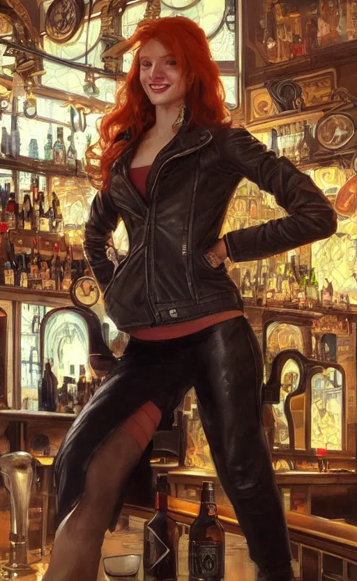 Prompt: cute redhead smiling, leather jacket, in a bar, intricate, headshot, highly detailed, digital painting, artstation, concept art, sharp focus, cinematic lighting, illustration, art by artgerm and greg rutkowski, alphonse mucha, cgsociety