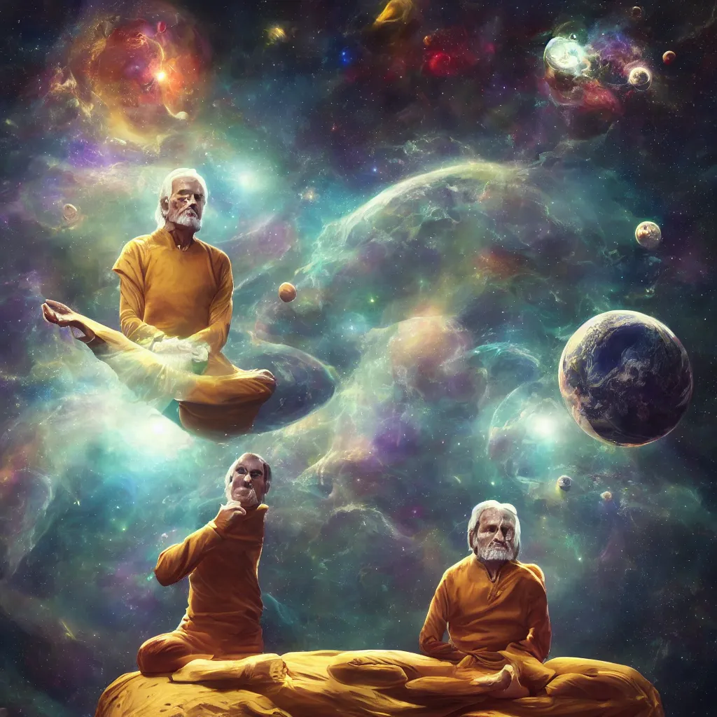 Prompt: jim carey meditating in space, surreal, unreal engine, intricate, highly detailed, digital painting, trending on artstation, concept art, smooth and sharp focus, illustration,