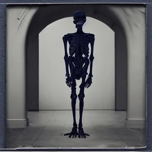 Image similar to In the center of the conceptual art is a large gateway that seems to lead into abyss of darkness. On either side of the gateway are two figures, one a demon-like creature, the other a skeletal figure. calotype, navy by Aron Demetz angular