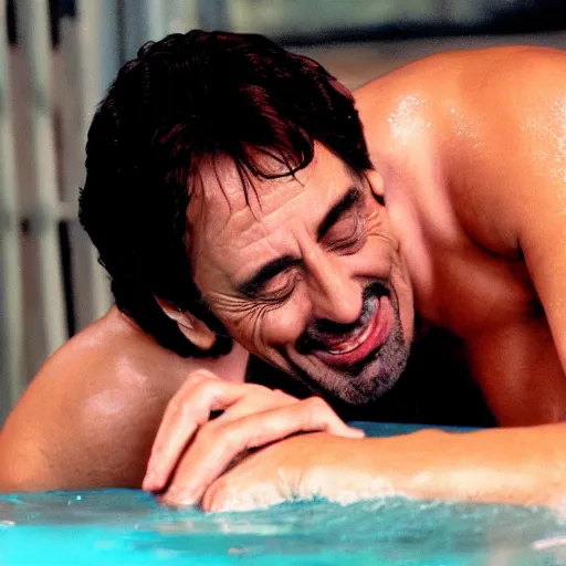 Image similar to al pacino scarface hot tub scene, except he is smiling and holding a laptop