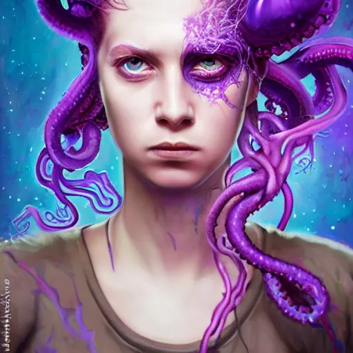 Image similar to detailed photo portrait of a furious teen girl with thin, hair-like purple tentacles on her head and bright purple eyes, 8k,by tristan eaton, Stanley Artgermm,Tom Bagshaw,Greg Rutkowski,Carne Griffiths,trending on DeviantArt, face enhance,hyper detailed ,full of colour, dramatic lightning