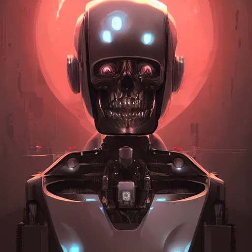 Image similar to skull - headed robot cyborg painting, illutstration, concept art, cyberpunk, futurism, comics art, artgerm, full body shot, wide angle