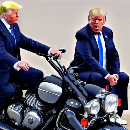 Image similar to joe biden and donald trump riding two seater on a motorcycle bike together, photorealistic, detailed