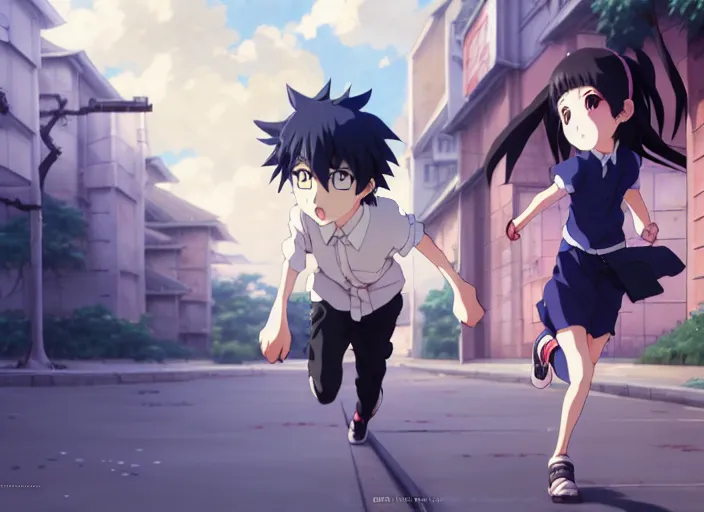 Image similar to a film still portrait of an anime boy and anime girl running towards each other, finely detailed features, closeup at the faces, perfect art, at a city street, gapmoe yandere grimdark, trending on pixiv fanbox, painted by greg rutkowski makoto shinkai takashi takeuchi studio ghibli, akihiko yoshida