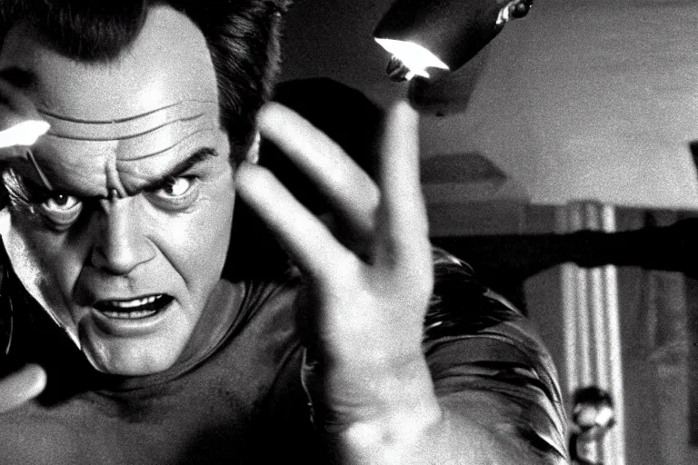 Image similar to Jack Nicholson plays Pikachu Terminator, scene where his inner endoskeleton is visible and his eye glows red, still from the film