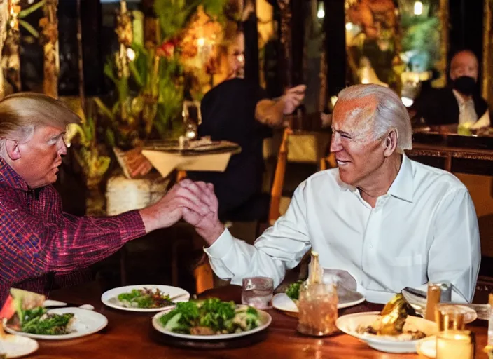 Image similar to Trump and Biden having dinner at a fancy Balinese restaurant, award winning cinematic photography, 50 mm, blurred background, trending on twitter