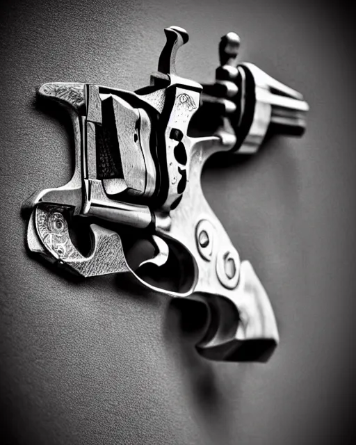 Prompt: realistic detailed revolver, black and white polaroid, western, high production value, intricate details, high resolution, hyperrealistic, hdr, high definition, award winning photography, masterpiece, ultra realistic, highly detailed, hd, sharp focus, cinematic lighting, shaded, non blurry, sharp, smooth