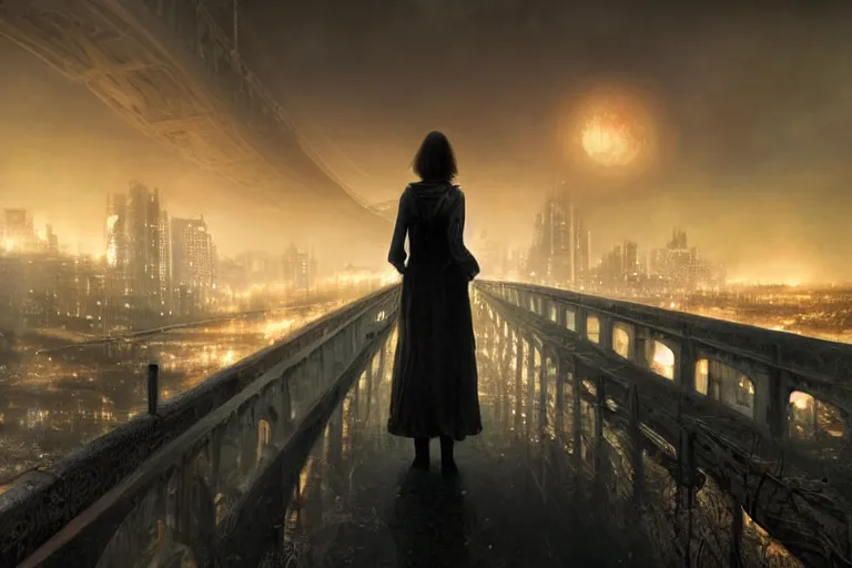 Prompt: a lonely woman stands alone on a dark bridge, overlooking a city that is engulfed in flames below her, digital art, 3 d modeling, light painting, night scene, atmospheric, surrealist, apocalyptic, apocalypse, illustrated by greg rutkowski, max hay