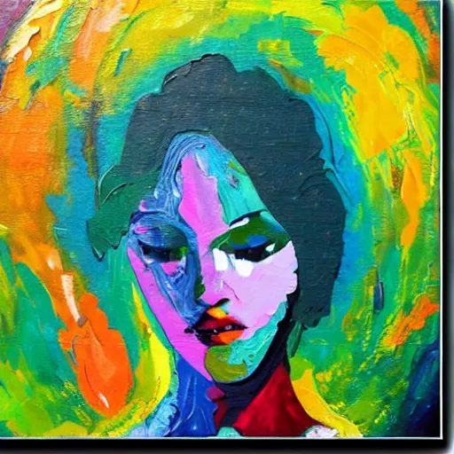 Prompt: a beautiful woman abstract colorful impasto organic painting