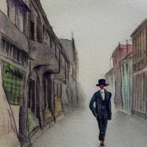 Prompt: a water Coloured painting of The tramp, walking down a 1920s style city street