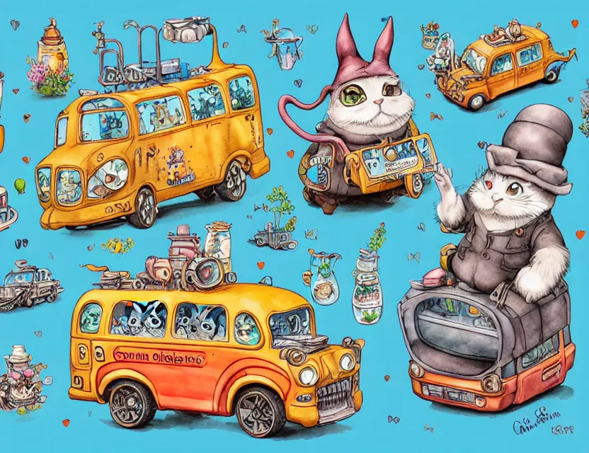 Image similar to cute and funny, a garden gnome driving a steampunk bus, a cat on the roof holding on, ratfink style by ed roth, centered award winning watercolor pen illustration, isometric illustration by chihiro iwasaki, edited by range murata, tiny details by artgerm and watercolor girl, sharply focused