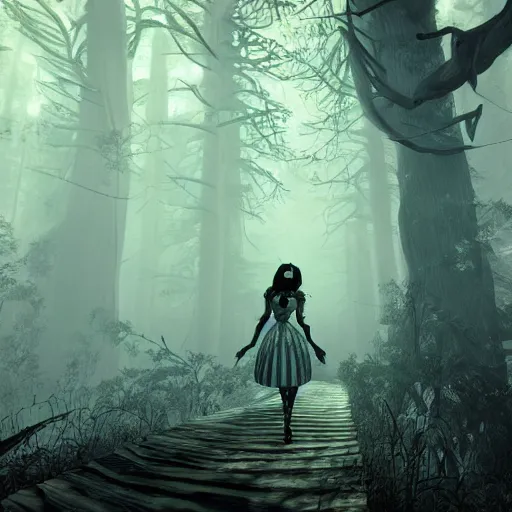 Prompt: realistic artnouveau style american mcgee's alice madness returns layers of fear style in a foggy twisted forestsharp focus very detailed 8 k cinematic