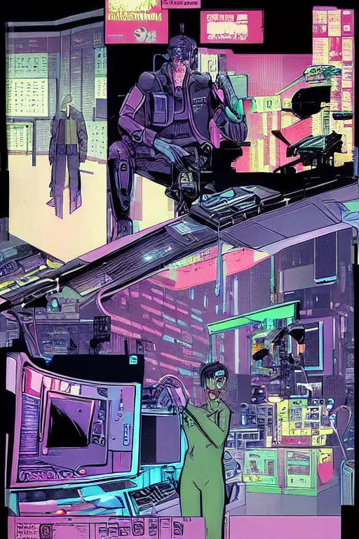 Image similar to a comic book illustration of an android interfacing with a computer console, the console is tall and imposing, there are many cables on the floor, bright screens, ghost in the shell, cyberpunk, neon colors, art by Moebius