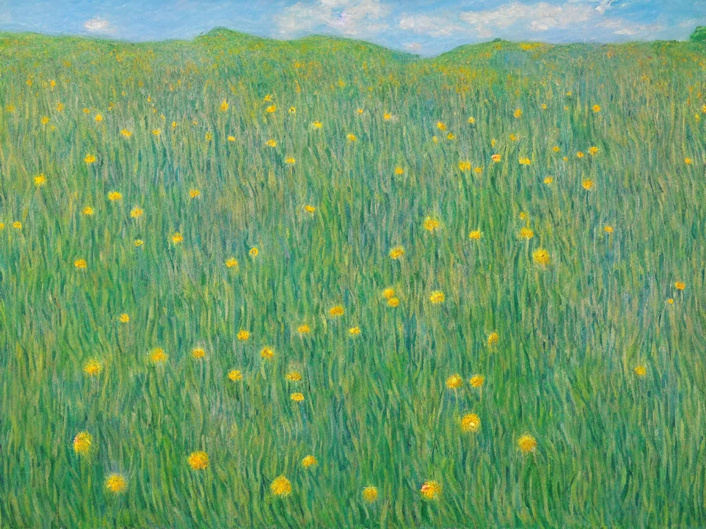 Image similar to a field of dandelions blowing in the wind, in the style of monet