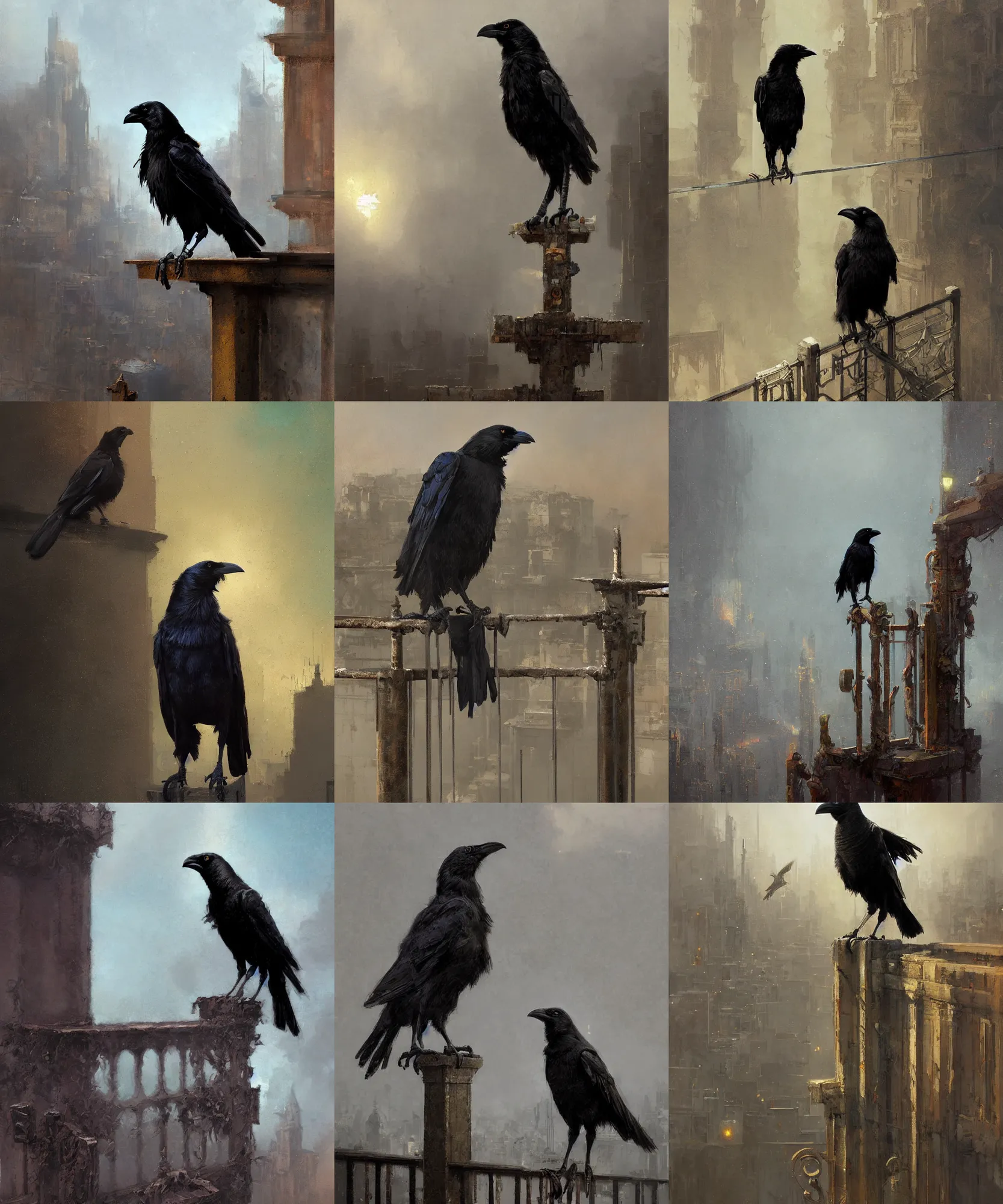 Prompt: digital art painting of a crow standing on a metal railing on top of a building painted by craig mullins and gaston bussiere and greg rutkowski, symmetrical face, defined facial features, symmetrical facial features, dramatic lighting