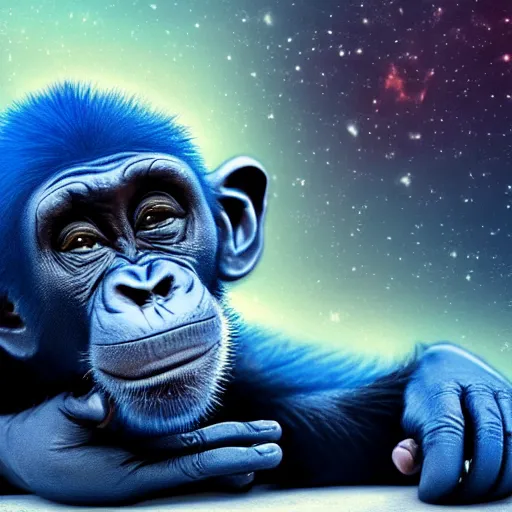 Image similar to a blue chimp is lying on his back, looking at the stars, 4 k, photo, beautiful, trending on artstation