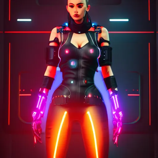 Image similar to An epic comic hyperrealistic full body shot portrait cg of a cyber warrrior girl wearing futuristic wardrobe, black and reddis, ultradetailed face expression trending on artstation and artbreeder, cyberpunk 2077 color, heavy rainning at tokyo night, neon light rooftop, unreal 5, DAZ, 8k, unreal 5 engine render, cosplay, RPG portrait, final fantasy Vll world concept, dramatic lighting, rim lights, PS5 render quality