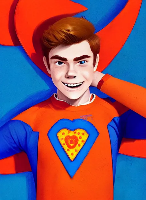 Image similar to friendly teenage archie andrews wearing an orange superhero costume with heart logo, heart, freckles, blue cape, heart emblem on chest, blue cape, intricate, elegant, glowing lights, highly detailed, digital painting, artstation, sharp focus, illustration, art by wlop, mars ravelo and greg rutkowski