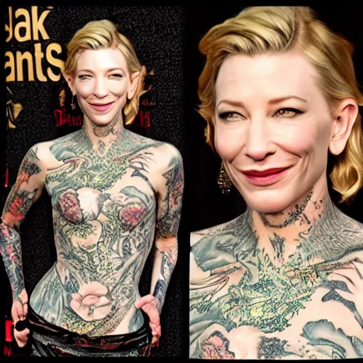 Image similar to full body tattooed cate blanchett with golden teeths 4k