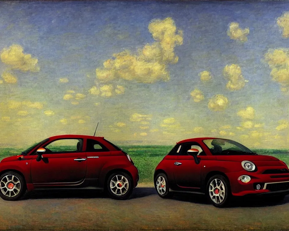 Image similar to achingly beautiful painting of a 2 0 1 3 fiat abarth by rene magritte, monet, and turner.