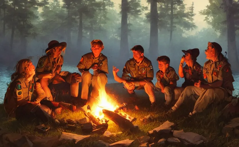 Image similar to A group of Scouts singing songs around a campfire by a lake, trending on artstation, 8k, highly detailed, warm lighting, concept art, illustration, art by artgerm and greg rutkowski and alphonse mucha