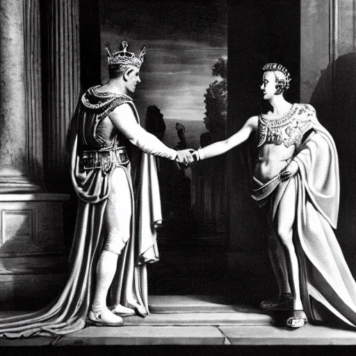 Prompt: detailed black and white photo of queen elizabeth ii meeting julius caesar in ancient rome
