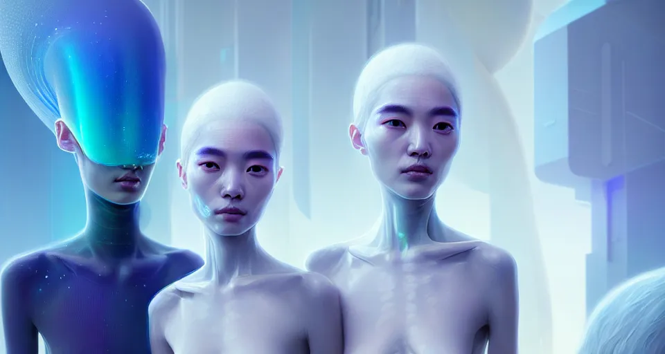 Prompt: portrait of yael shelbia and kang seul - gi, venus squid astronaut, symetrical facial, white hair, intricate design details. cyberpunk, touareg, by ruan jia and beeple. smooth gradients, deep space.