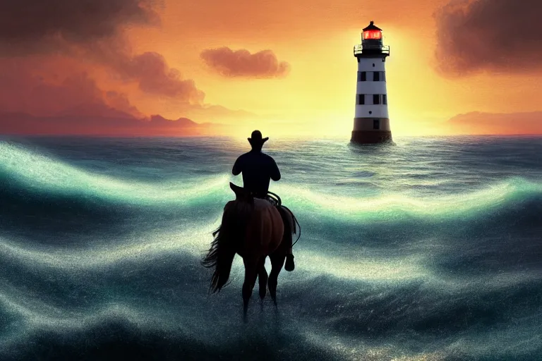 Image similar to photo of man riding a horse along the beach, glowing underwater waves toward a lighthouse in the distance guiding his way, silhouette, wide horizon, large white clouds, flying birds, night, intricate, elegant, highly detailed, digital painting, artstation, concept art, smooth, sharp focus, illustration, art by artgerm and greg rutkowski and fra angelico