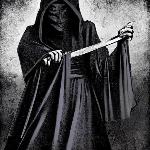 Prompt: A woman dressed in a black hooded robe, wielding daggers, she is lurking in the shadows of a graveyard, digital art