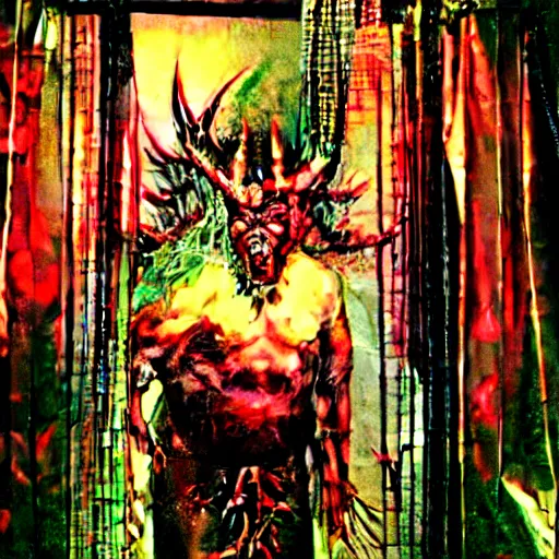 Prompt: el diablo satanas [covered in wires] emerges from my disgusting room in the basement