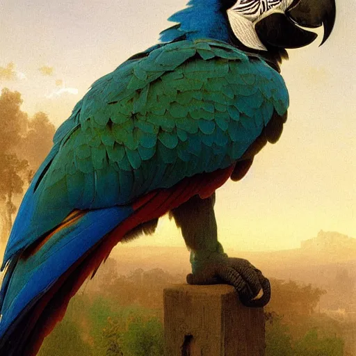 Image similar to Painting of A macaw parrot. Art by william adolphe bouguereau. During golden hour. Extremely detailed. Beautiful. 4K. Award winning.